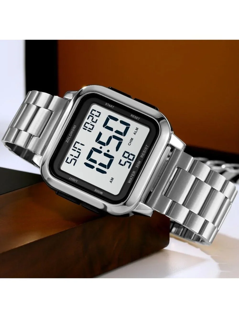 Men's Silver Analog Quartz Stainless Steel Waterproof Square LED Digital Watch